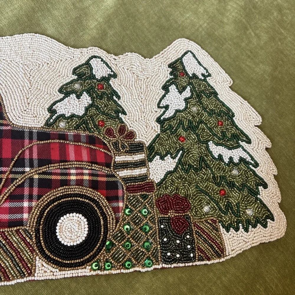 Winter Wonderland Beaded Farm Truck Table Runner Holiday Centerpiece Christmas